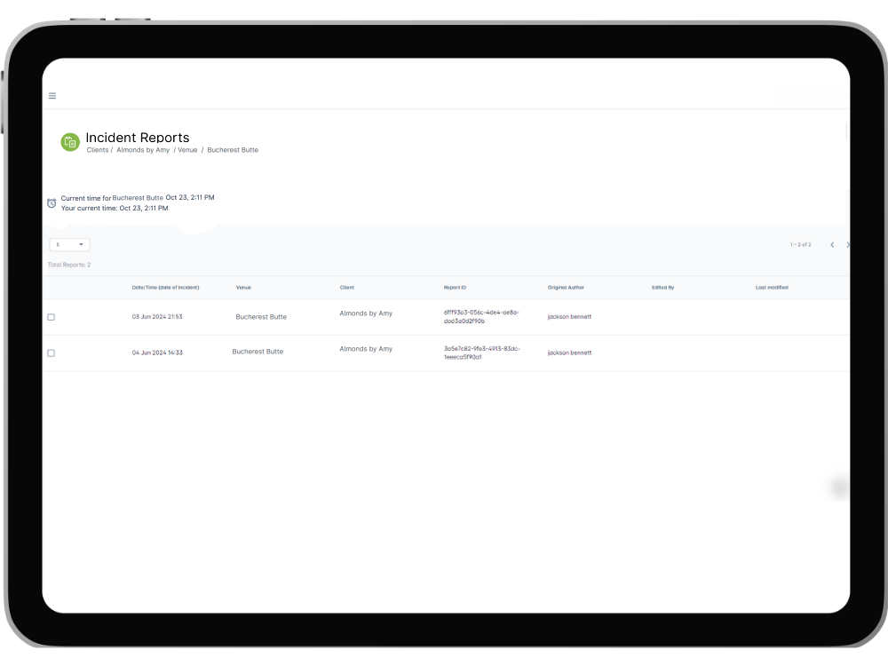 A RosterEzy Incident Report register displayed on a tablet. The screen displays key information for a number of reports.