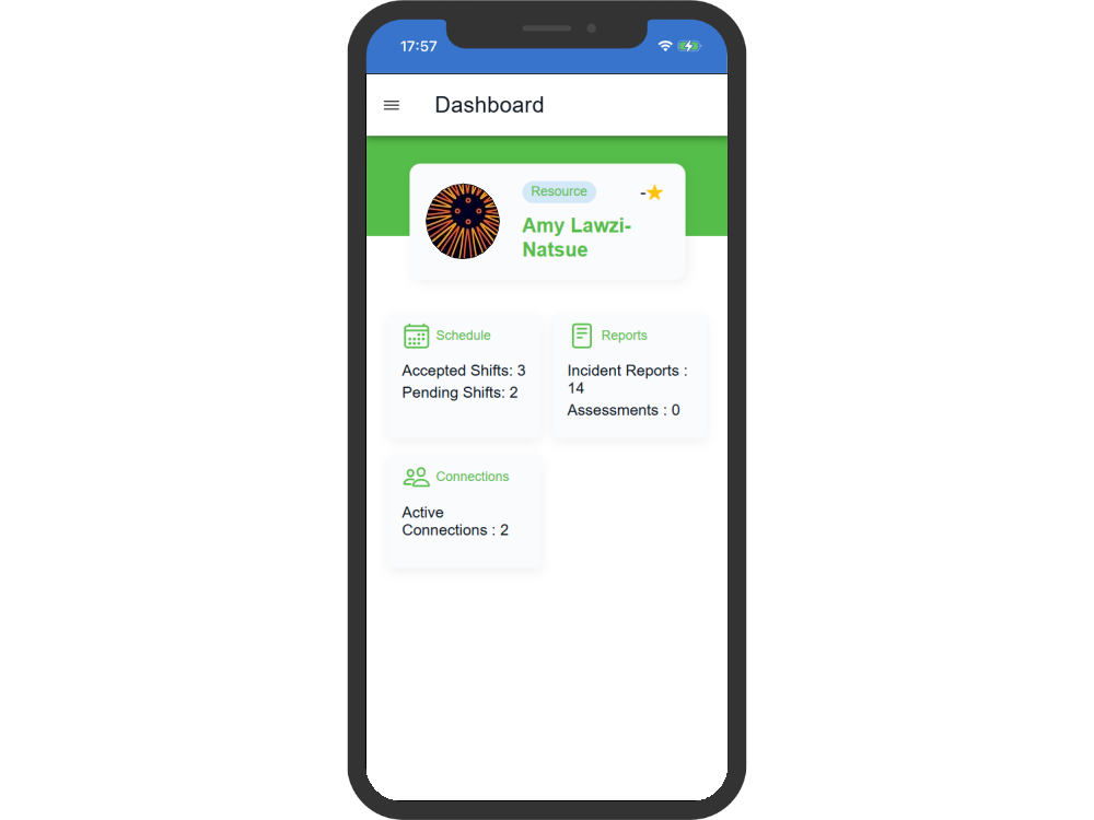 A resource's dashboard on the RosterEzy app, displayed on a mobile screen.