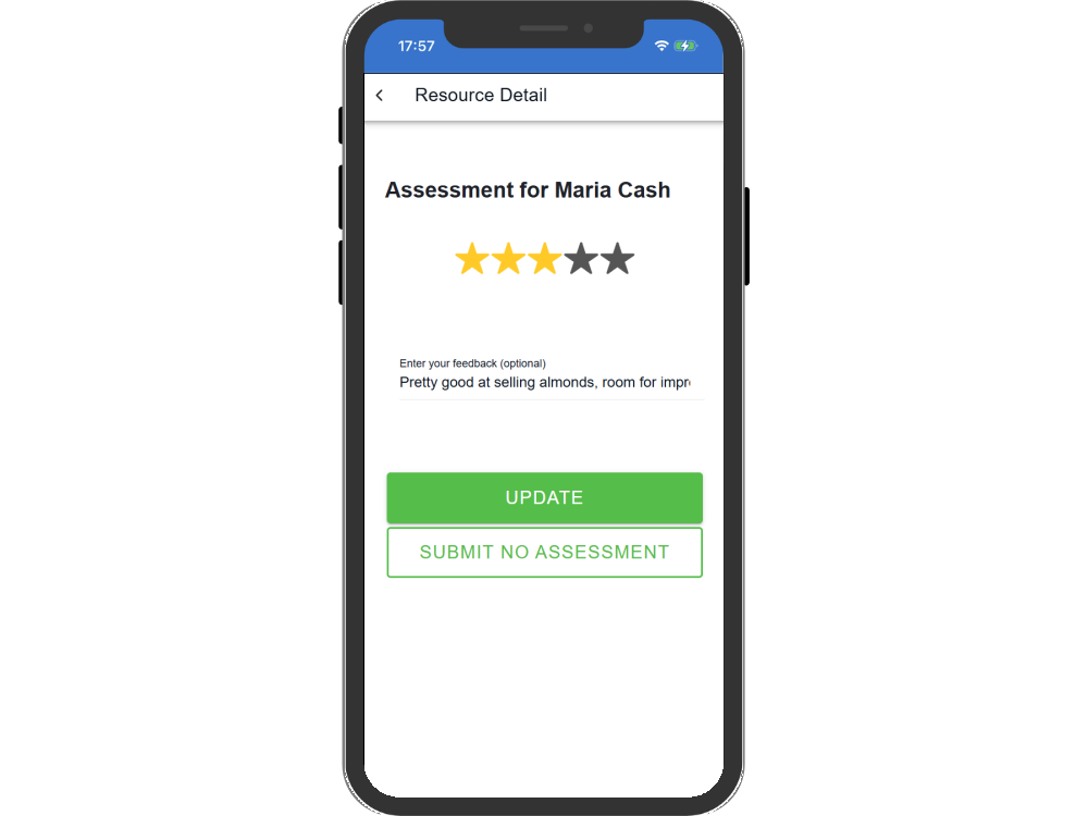 A user submitting a 4/5 star rating for a resource on the RosterEzy app, displayed on a mobile screen.