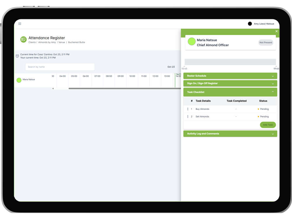 A tasklist being created a RosterEzy shift, displayed on a tablet.